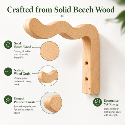 FGSAEOR Wood Plant Hangers Wave-Shaped for Outdoor, Wall Mount Hanging Plant Hooks Heavy Duty Indoor Outdoor Hooks for Flower Pots, Wind Chimes, Bird Feeders, 2 Pack (Solid Beech Wood)