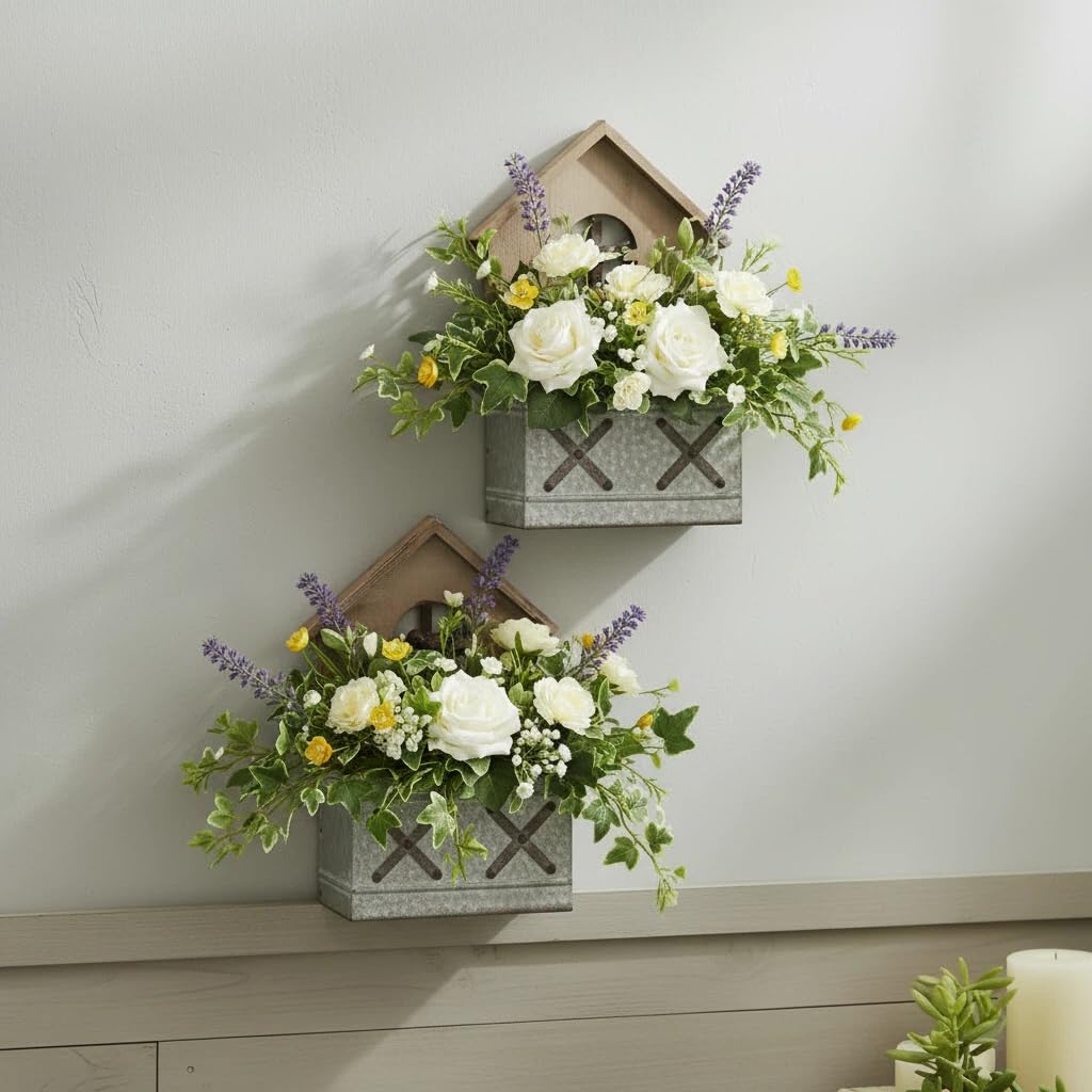 SOFE Set of 2 Wall Mounted Metal Planter Box, Rustic Wall Flower Pot Birdhouse Shaped, Vintage Hanging Plant Holder for Garden Home Balcony Patio Farmhouse, Wood & Galvanized