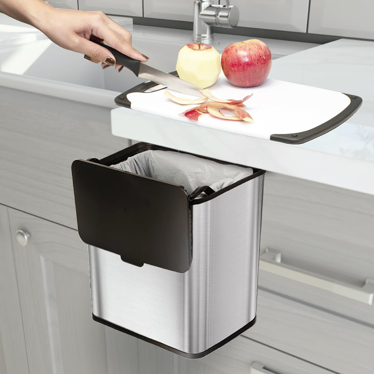 Glad Roomate Stainless Steel Under Counter Waste Bin with Clorox Odor Protection | Space Saving Dual Lid Small Trash Can for Kitchen Cabinet, Bathroom or Office, 1.5 Gallon (6L)