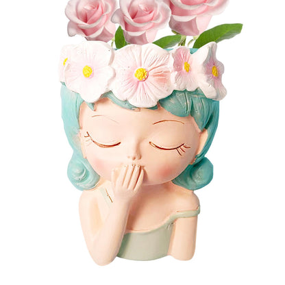 Flower Face Planter - Head Planter, Face Planters | Resin Planter with Drainage, Painted for Girl, Eyes Closed, Cactus Vase for Balcony, Indoor Outdoor Garden
