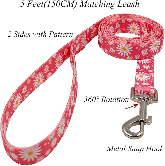 Dog Collar Leash Set, Floral Pattern, Polyester Material, Adjustable Collar and 5ft Matching Leash, for Large Dogs.(L, Daisy)
