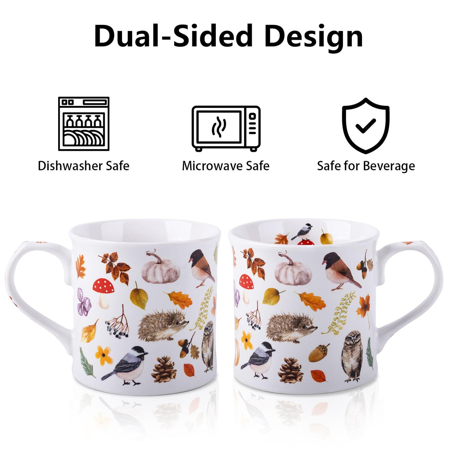 Autumn Animals Coffee Mug, 12 oz New Bone China Mug with Bird, Hedgehog, Owl & Pumpkin Design, Halloween & Fall Seasonal Ceramic Tea Mug, Nature Lover Gift, Designed in England by Harvest Green Studio