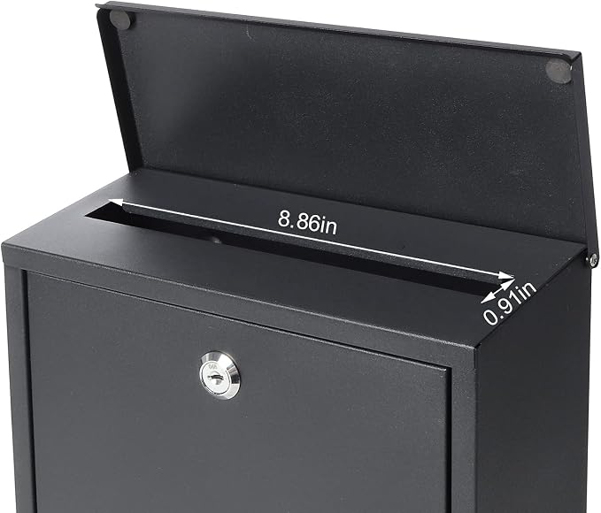 Jssmst Locking Mailbox Wall Mount Key Lock Drop Box Large Capacity with Galvanized Steel Cover and Rust-Proof Metal Post Box, Black Matt, SM-0702LK,Medium