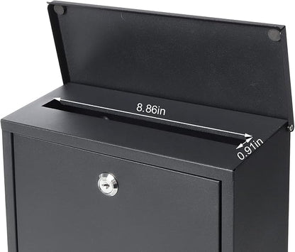 Jssmst Locking Mailbox Wall Mount Key Lock Drop Box Large Capacity with Galvanized Steel Cover and Rust-Proof Metal Post Box, Black Matt, SM-0702LK,Medium