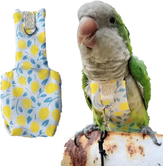 Bird Diaper Harness Flight Suit Clothes, Parrot Flight Suit with Leash, Bird Flying Clothes with Rope and Handle for Outdoor Activities Training (Yellow Without Leash,Medium)