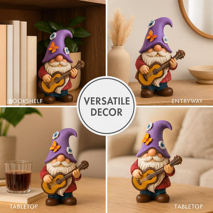 GoGnome Musical Gnome Figurine with Guitar – Handcrafted Resin Garden or Shelf Decoration, 6.2" Tall Whimsical Gnome Statue with Purple Hat, Flowers & Butterfly, Gift for Music Lovers (Purple)