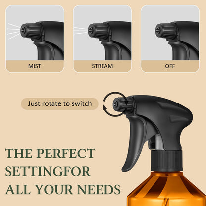 Baderke 2 Pcs Spray Bottle, 16 oz Plastic Spray Bottles for Cleaning 360° Upside Down Sprayer Bottles for Cleaning Solutions, Durable Nozzle W/fine Mist and Stream Setting(Brown)