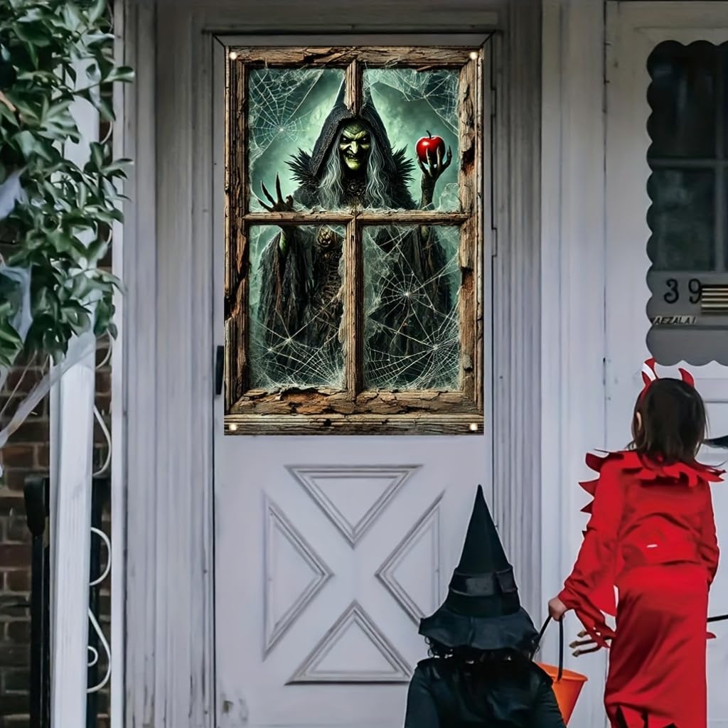 Tomhong Halloween Window Cover 31x47 Inch Witch Holding Apple Cobweb Horror WindowBanner Holiday Decoration Haunted House Indoor Outdoor Spooky Wall Decor