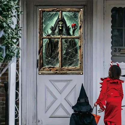 Tomhong Halloween Window Cover 31x47 Inch Witch Holding Apple Cobweb Horror WindowBanner Holiday Decoration Haunted House Indoor Outdoor Spooky Wall Decor