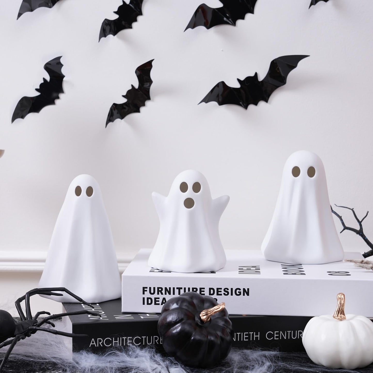 Light Up Ghost Halloween Decor - 3 Pack Ceramic White Ghost Figurines - Indoor, Table, Tray