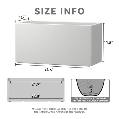 Kante 23.6" L Rectangular Concrete Planters, Outdoor Indoor Modern Plant Pot with Drainage Hole and Rubber Plug for Garden, Patio, Pure White Finish