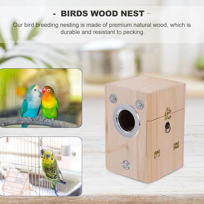POPETPOP Parakeet Nesting Box, Wooden Bird Breeding Box for Cage, Parrots Mating House with Divided Interior for Cockatiel Finch Lovebirds Conure - Bird Cage Accessories