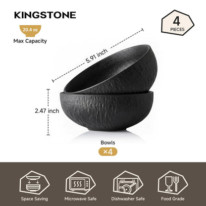 KINGSTONE Black Bowls Set of 4, 20.4 OZ Matte Marble Pattern Premium Porcelain Soup Bowls, Ceramic Cereal Bowl Set for Salad, Dessert, Pasta, Microwave and Dishwasher Safe