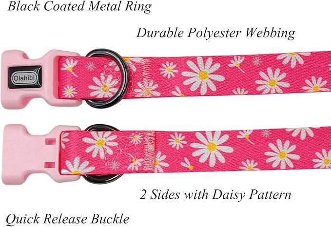 Dog Collar Leash Set, Floral Pattern, Polyester Material, Adjustable Collar and 5ft Matching Leash, for Medium Dogs.(M, Pink Daisy)