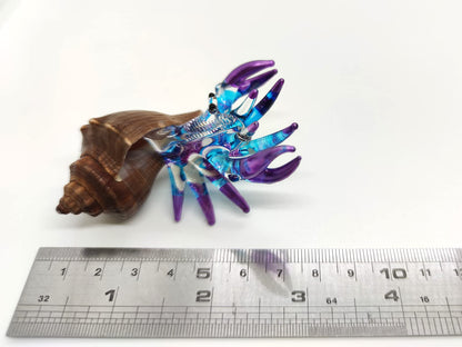 Sansukjai Seashell Hermit Crab Miniature Figurines Beach Animals Hand Blown Glass Art Collectible Gift Decorate - Brown Spiral Shell (Purple Blue)