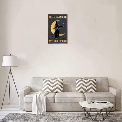 Black Cat Witch Halloween Metal Tin Sign - Hello Darkness My Old Friend Retro Wall Decor 12x16 Inch for Home, Bar, Kitchen, Hotel & Coffee Shop