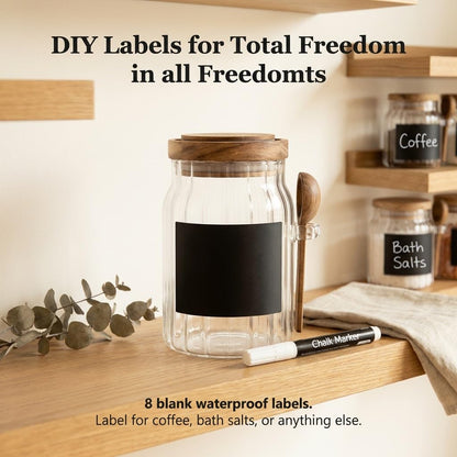 FUYIHGL® 3PCS Glass Storage Jars with Wooden Lids & Spoons – 20oz Airtight Canister Set with DIY Blank Labels – Decorative Small Containers for Coffee Bar, Bath Salts, Sugar, Spice & Overnight Oats