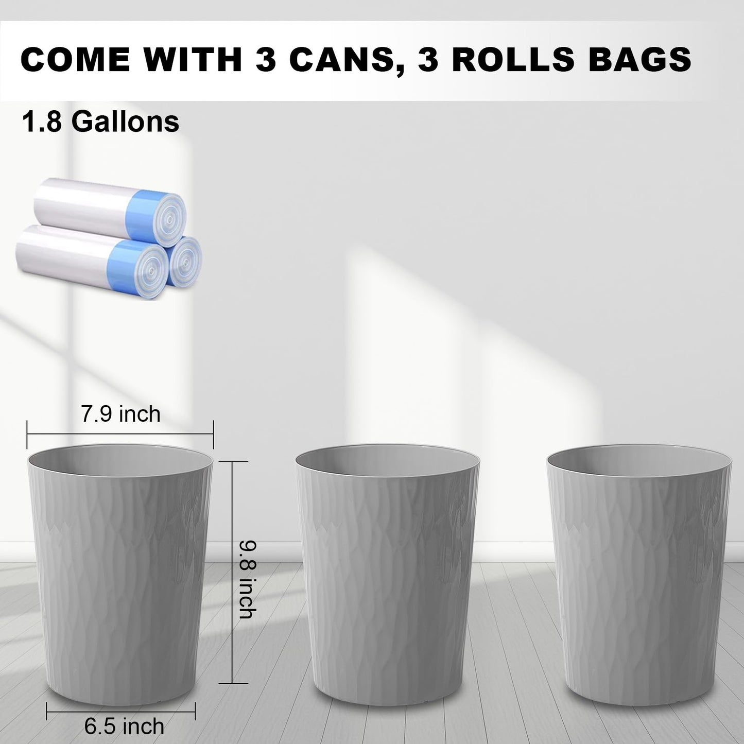 UUJOLY Small Trash Can Wastebasket Garbage Can Container Bins for Bathrooms,Bedroom Room, Kitchens, Offices, Kids Rooms, Dorms, 3 Pack, Grey