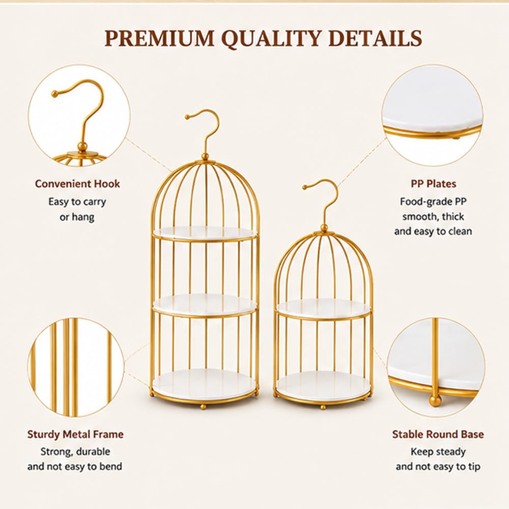 AIJIDIWO Gold Bird Cage Cupcake Stand Set, 2-Piece 3-Tier and 2-Tier Acrylic Dessert Display Trays, Metal Serving Stands for Wedding, Birthday, Baby Shower, Tea Party and Buffet Table Decor