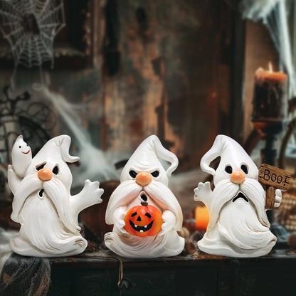 Hodao Halloween Ghost Gnome Figurines - Cute Spooky with Pumpkin & Boo Sign, 3PCS Indoor Outdoor Decor for Home, Party, Tiered Trays, Windowsills & Gifts