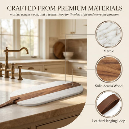 Marble & Acacia Wood Charcuterie Board, Cheese Board, Serving Platter & Appetizer Tray with Leather Strap, Marble Cheese Board for Entertaining, Housewarming Gift, Wedding Gift for Couples
