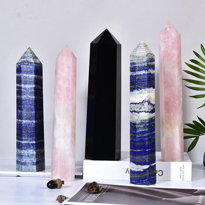 MOGEMT Large Rose Quartz Crystal Tower Natural Healing Crystal Point Wand Obelisk 6 Faceted Reiki Chakra Meditation Therapy Home Decor Gift 10-12 inch