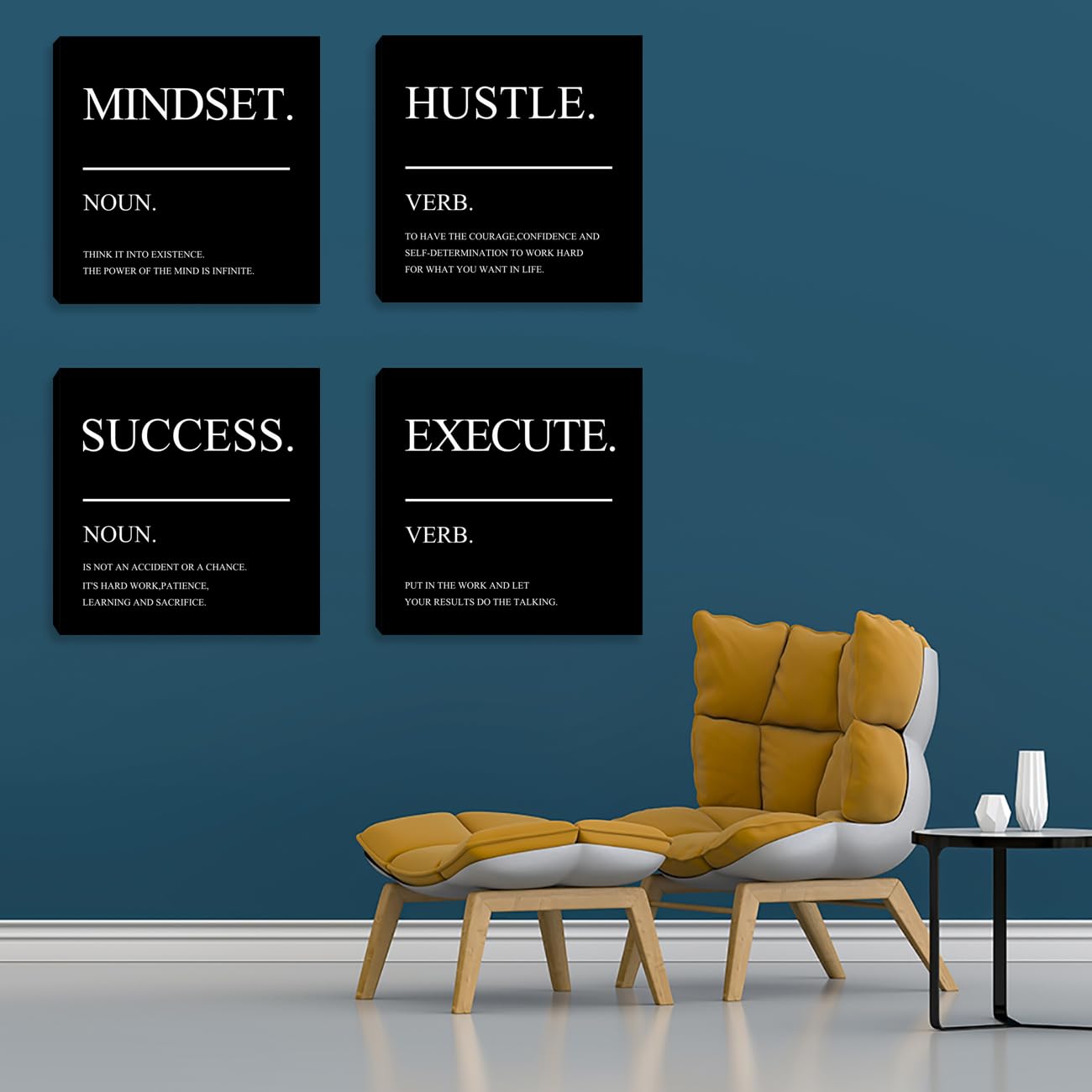 Framed Motivational Wall Art for Home Office - Inspirational Hustle Canvas - Mindset Decor for Living Room, Bedroom, Men's Office - 12"x12"x4PCS