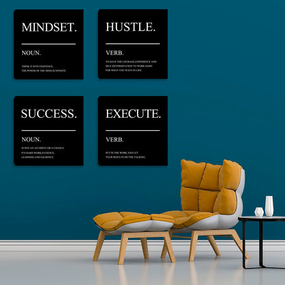 Framed Motivational Wall Art for Home Office - Inspirational Hustle Canvas - Mindset Decor for Living Room, Bedroom, Men's Office - 12"x12"x4PCS