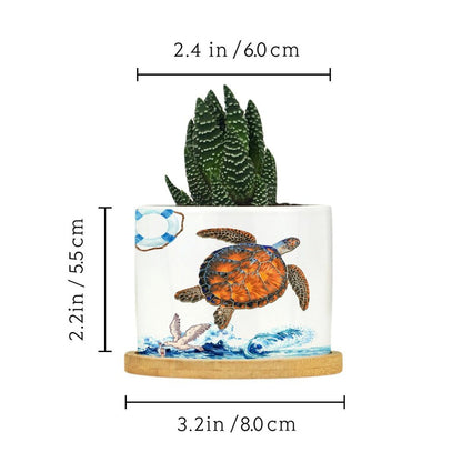 DreamAutumn Ocean Theme Sea Turtle Ceramic Pots for Plants with Drainage Holes Round Flower Pot Bamboo Tray Orchid Pot Succulents Pots for Outdoor Indoor Plants,Housewarming Gifts