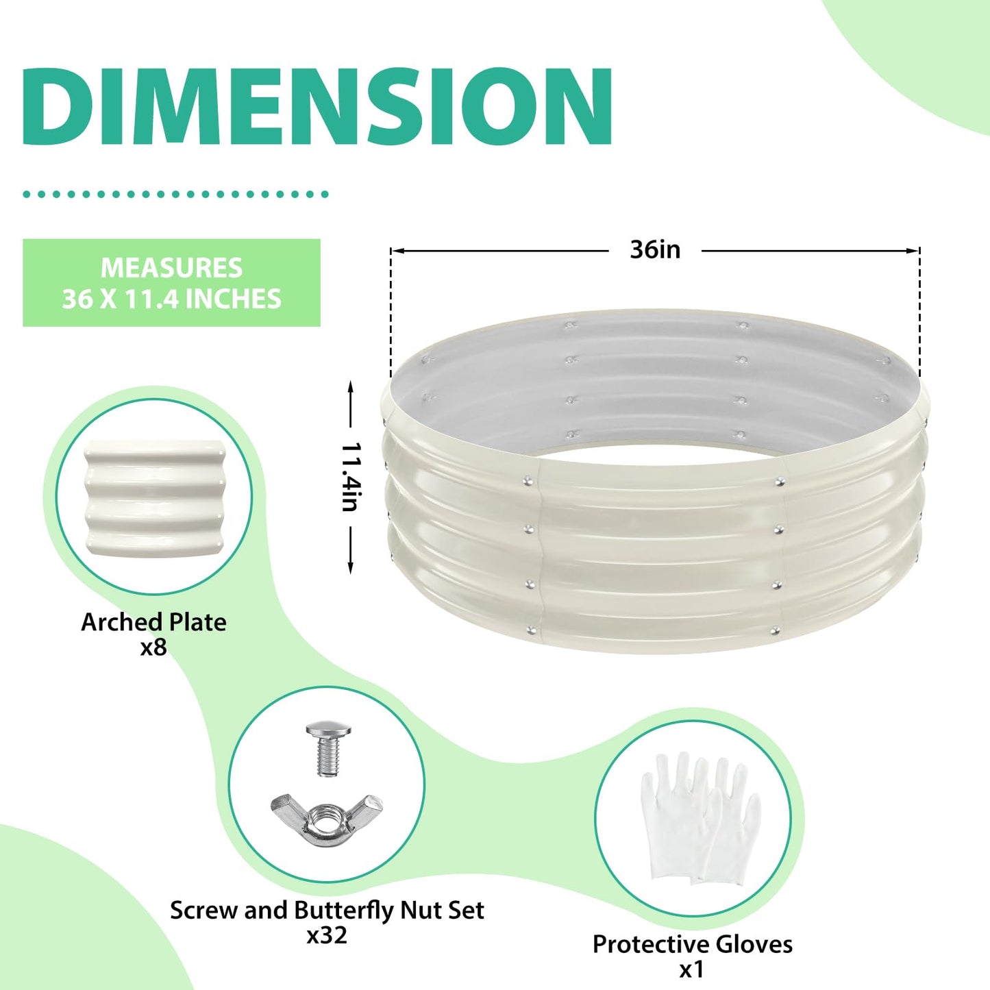 YSEJOMP 3FT Diameter Galvanized Garden Raised Bed/Plant Box/Fire Pit Ring - 0.8mm Thick,12 Inch Tall,Perfect for Planting a Variety of Flowers,Herbs,Vegetables (Cream White, 36 Dia X 12 inches)