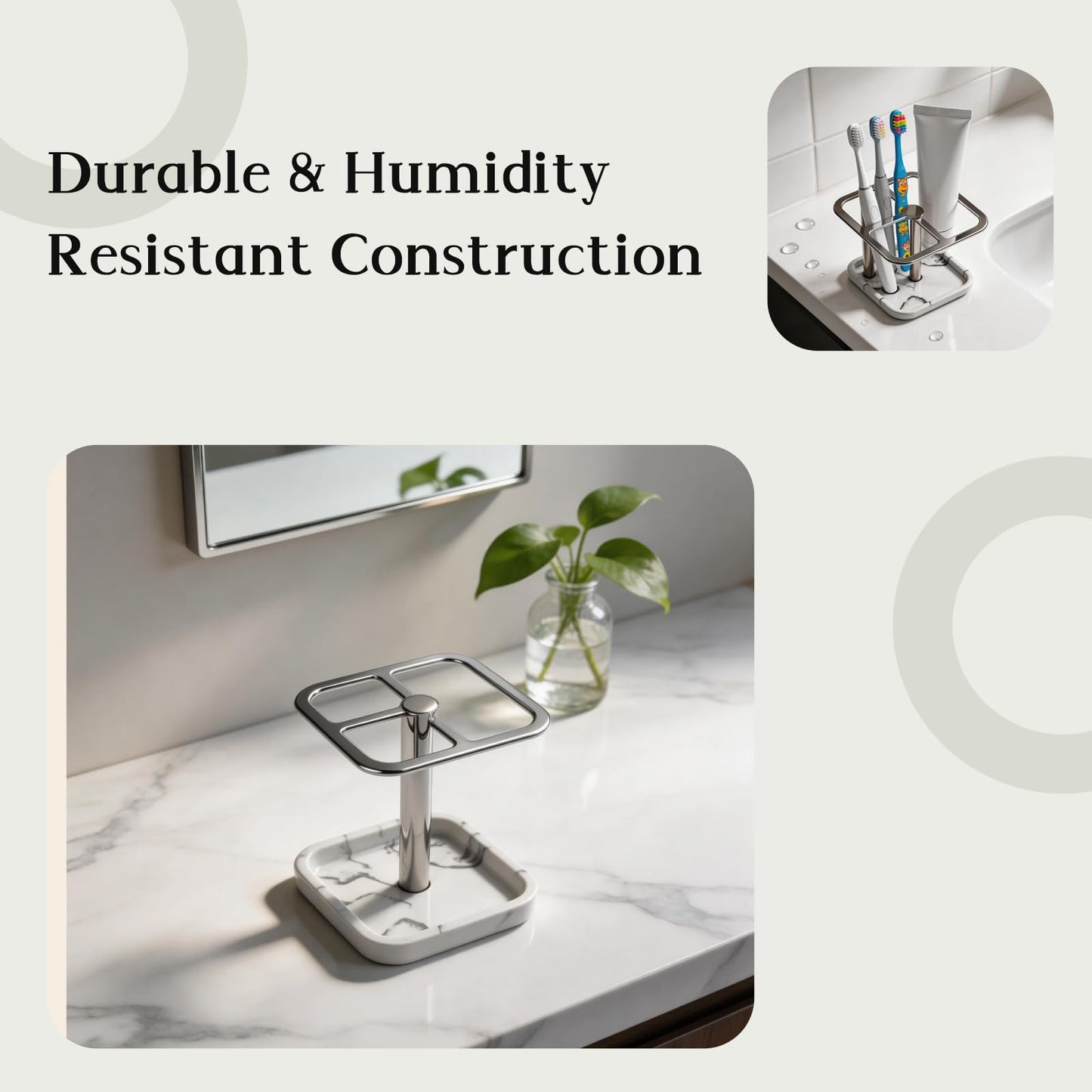 Toothbrush Holders for Bathrooms, Toothbrush and Toothpaste Holder - Modern Stainless Steel Stand with White Marble Base, Countertop Organizer for Bathroom Vanity