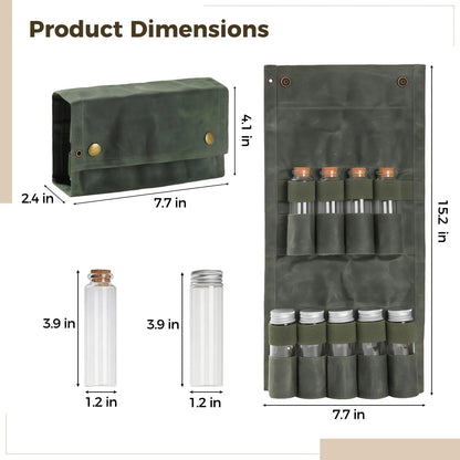 Calolin Camping Spice Kit, Portable Spice Bag for Travel, Including 9 Glass Seasoning Containers, Wear-Resistant Waxed Canvas, Foldable Design, Suitable for Outdoor Cooking