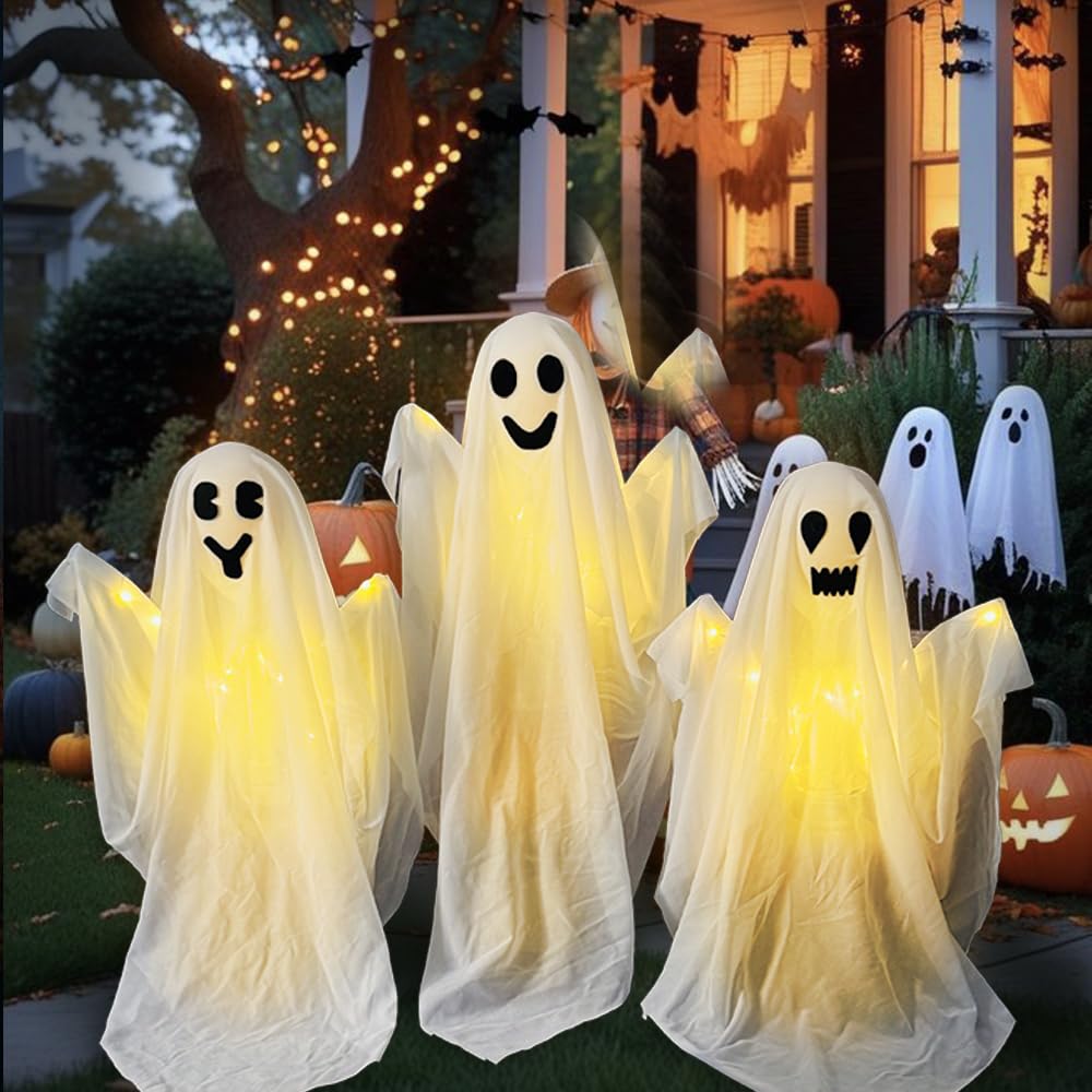 3 Pack Halloween Ghosts Decorations Outdoor,White Cloth Ghosts Stakes with Incandescent Light, Holiday Party Home Haunted House Yard Art, Front Yard Patio Lawn Garden Decor