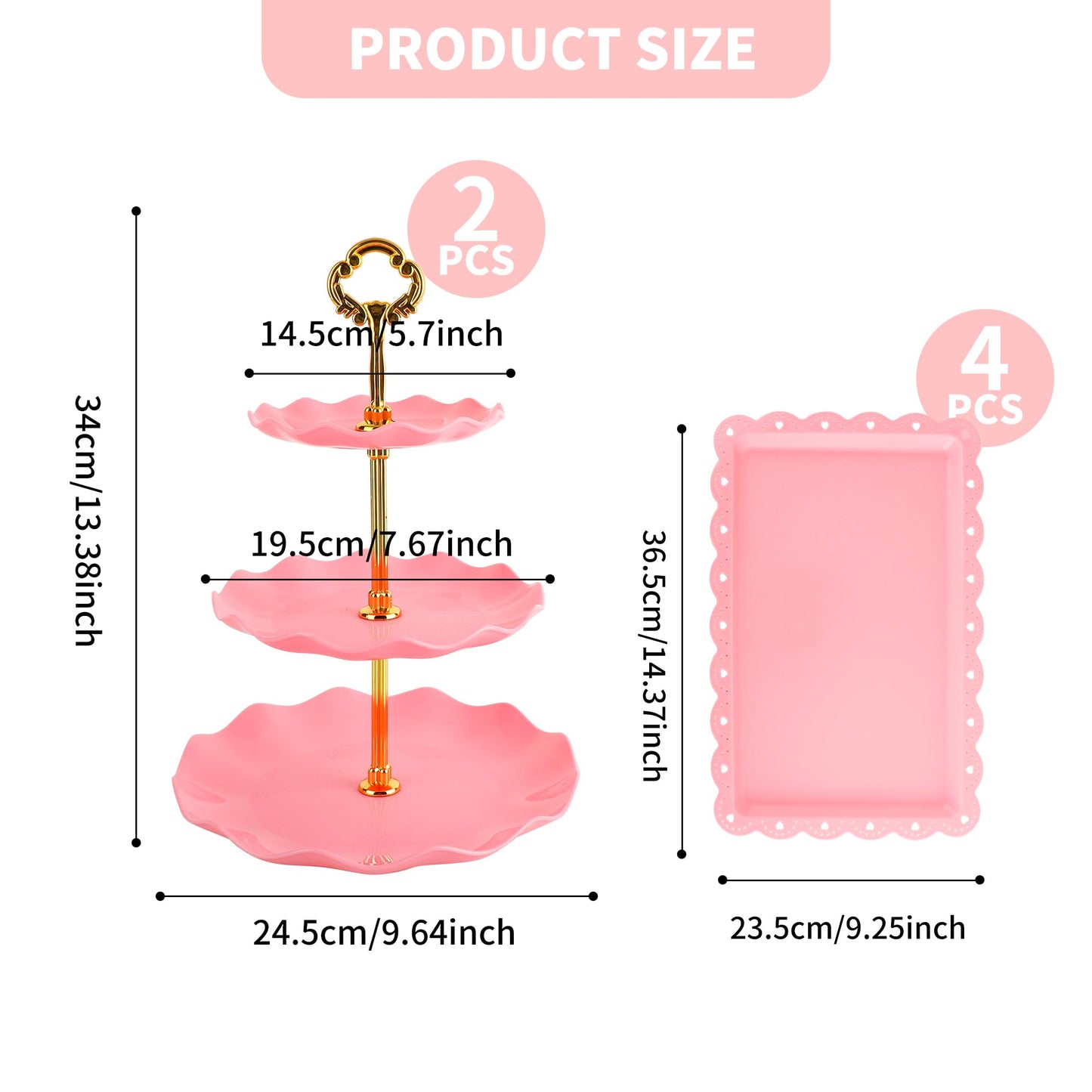 6 Pcs Cupcake Stand Set - Pink Plastic Dessert Table Display Set, 2X Pink Round 3 Tier Cupcake Display Stands Cookie Tray Rack Serving Tower & 4X 14 in Plastic Trays for Wedding Baby Shower Tea Party