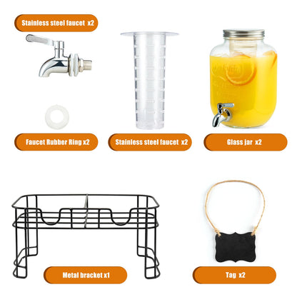 1 Gallon Glass Drink Dispensers for Parties, 2PACK Beverage Dispenser with Stand, Ice Cylinder and Stainless Steel Spigot 100% Leakproof, Beverage Dispenser for Lemonade Sun Tea