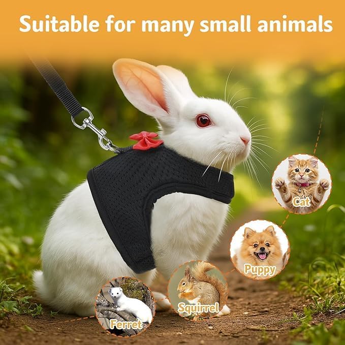 Light Blue Rabbit Harness and Leash Set, with Cute Bow Soft Breathable Mesh Bunny Vest Harness for Rabbits Kitten Ferret Puppy Small Pets Walking, S