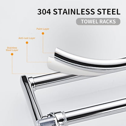 BESy 24 Inch Polished Chrome Towel Racks, Bathroom Towel Shelf with Foldable Towel Bar Holder and Towel Hooks, Wall Mounted Multifunctional Bathroom Accessories, Double Towel Bars