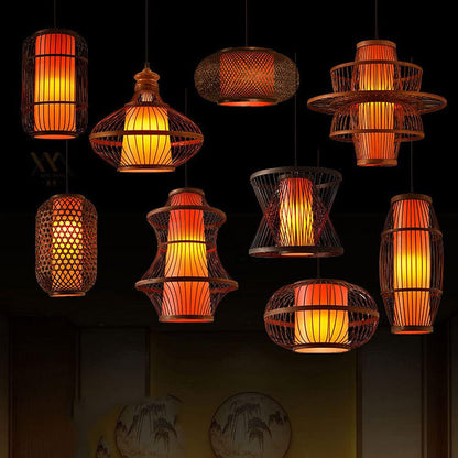 HAIIQU Traditional Antique Bamboo Pendant Light Chinese Bird Cage Hanging Ceiling Lamp with Red Imitation Parchment Lampshade Large Wicker Restaurant Cafe Corridor E27 Decor Light Fixture 17.7"