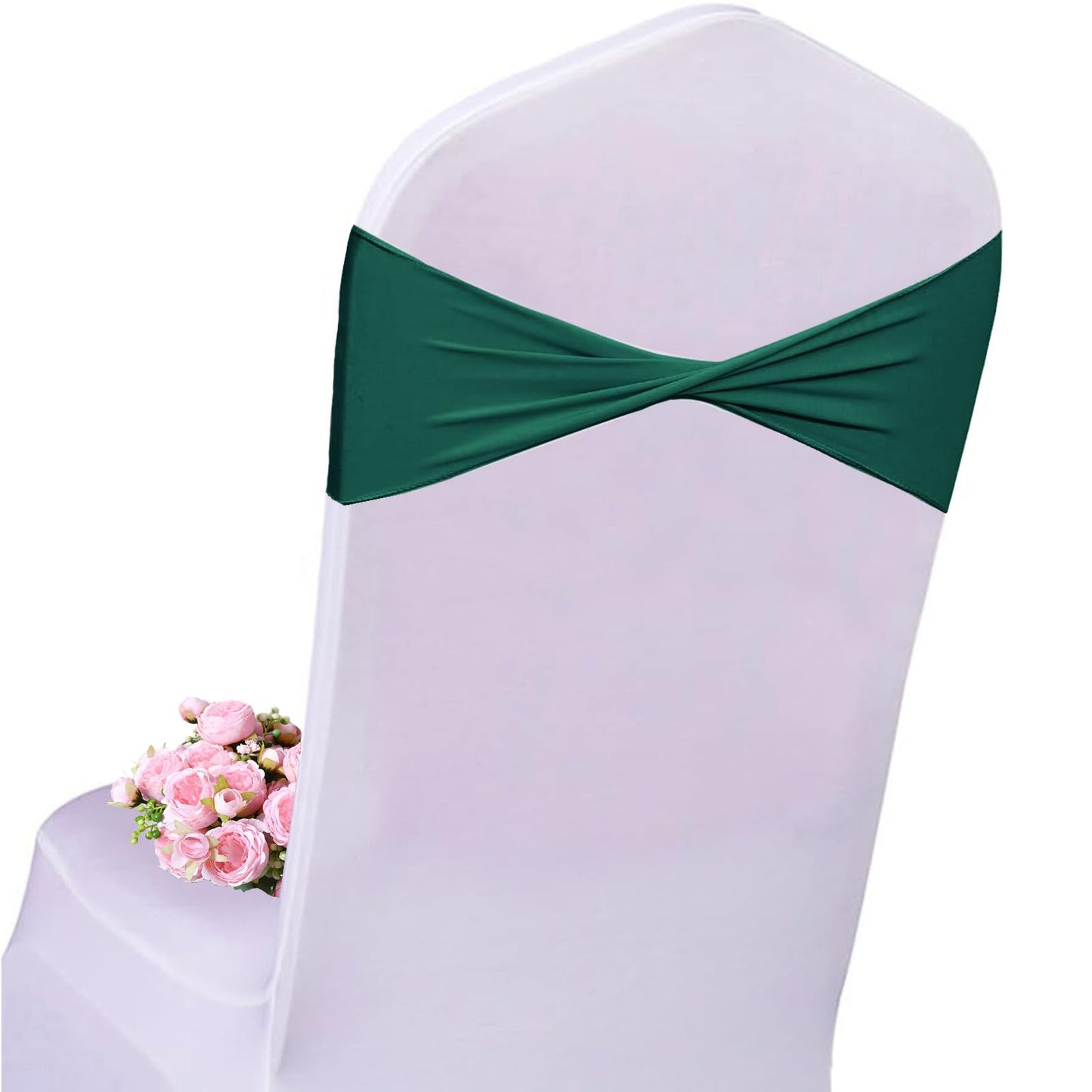 WYFMYD Spandex Emerald Green Chair Sashes 50 Pcs Dark Green Sashes Bows Elastic Chair Cover Bands Ties Without Buckle for Wedding Party Events Ceremony Birthday