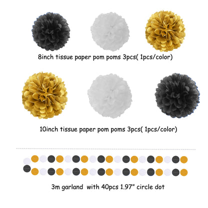 Black Gold Graduation Party Decorations - 23pcs Kits Farewell Tissue Pom Poms Flowers,Streamers Banner,Tassel Garland 50th Men Birthday Bachelorette Baby Shower Decoration Bunting Lasting Surprise