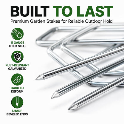 HOOPLE 100 Pack 6 Inch 11 Gauge Heavy Duty Galvanized Landscape Staples, Garden Stakes & Sod Pins for Securing Weed Barrier Fabric, Landscape Fabric, Hoses, Netting & Outdoor Decorations
