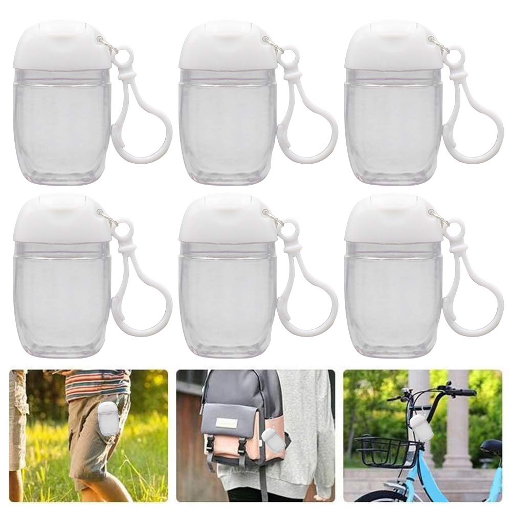 Healthcom 10 Pcs 1Oz 30ml Clear Empty Bottles Hand Sanitizer Travel Holder Hook Keychain Carriers White Flip Cap Reusable Portable Empty Bottle Refillable Cosmetic Container for Liquid Lotions Creams