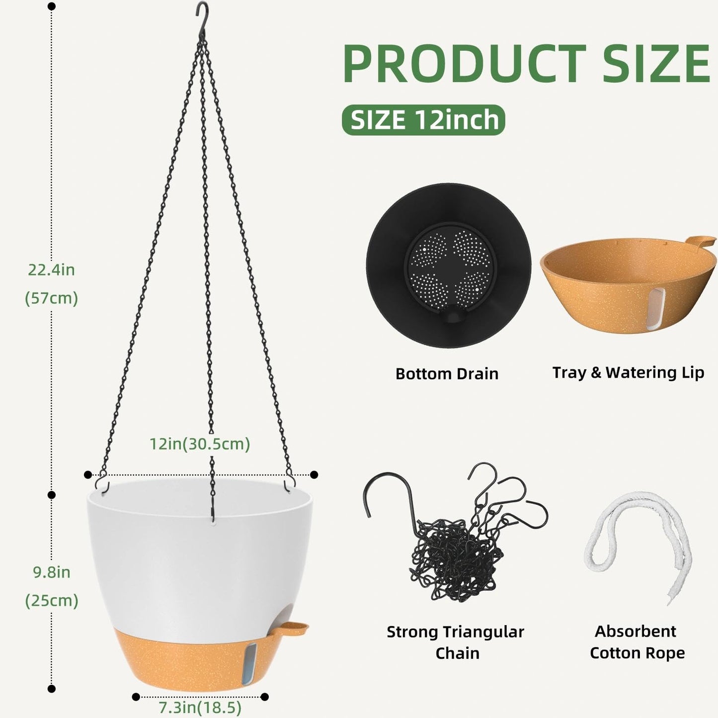 ZMTECH 12 Inch Large Self Watering Hanging Planters for Indoor Outdoor Plants - Water Level Indicator & Removable 60 Oz Reservoir, 1 Pack Plastic Hanging Basket for Window Porch Garden Balcony, White