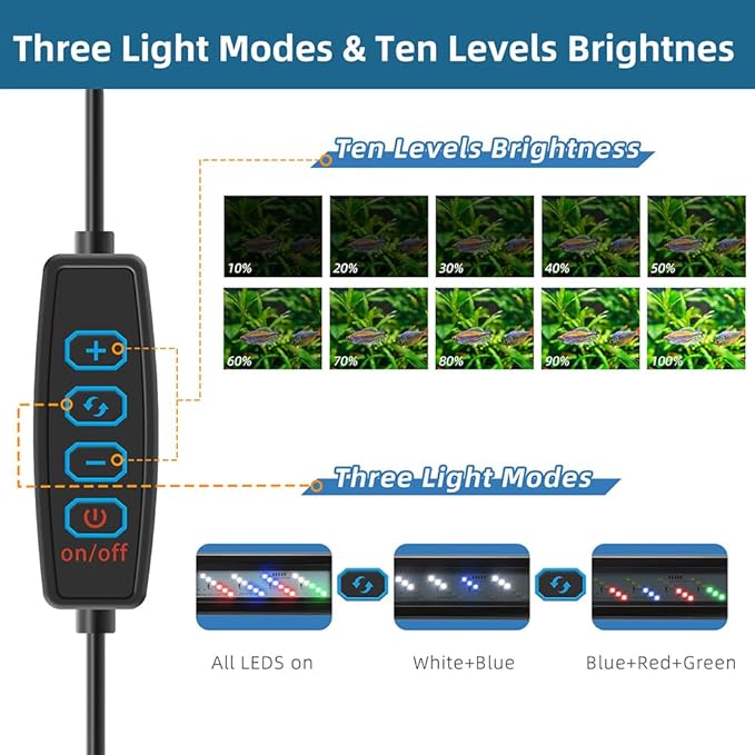 DaToo LED Aquarium Light Full Spectrum Fish Tank Light with Dimmer White Blue Red Green LEDs Fish Tank Light with Three Lighting Modes and Extendable Bracket for 24 Inch to 28 Inch Aquarium
