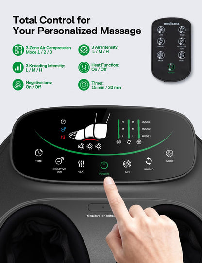 Medisana Shiatsu Foot Massager with Heat, Air Compression, Kneading & Negative Ion for Plantar Fasciitis, Neuropathy, Wireless Control, Birthday Christmax Gifts for Women Men, Up to Foot Size 13