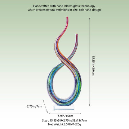 LLAVVD Hand Blown Murano Style Glass Sculpture, 14" Double Spiral Infinity Music Note Figurine Collectible, Modern Abstract Home Decor for Living Room Office Aquarium, Unique Gift for Art Lovers