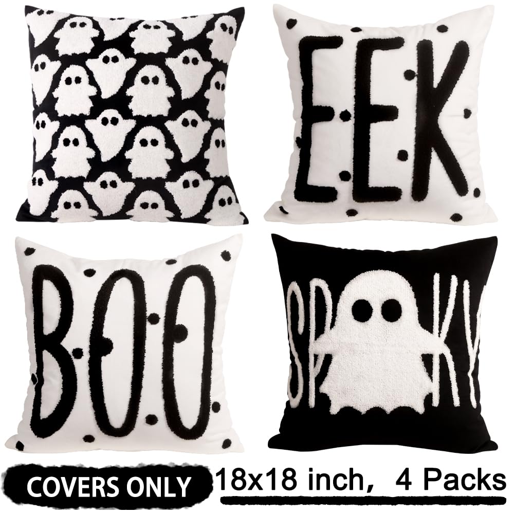 Heirloom Haven Halloween Ghosts Embroidered Throw Pillow Covers Set of 4,Polka Dot Spooky Boo Pillow Case Holiday Farmhouse Cushion Case Decoration for Sofa Couch 18 x 18 Inch