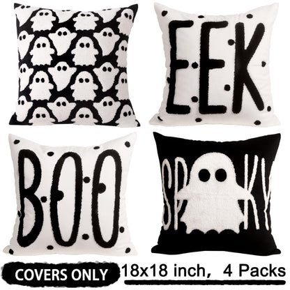 Heirloom Haven Halloween Ghosts Embroidered Throw Pillow Covers Set of 4,Polka Dot Spooky Boo Pillow Case Holiday Farmhouse Cushion Case Decoration for Sofa Couch 18 x 18 Inch