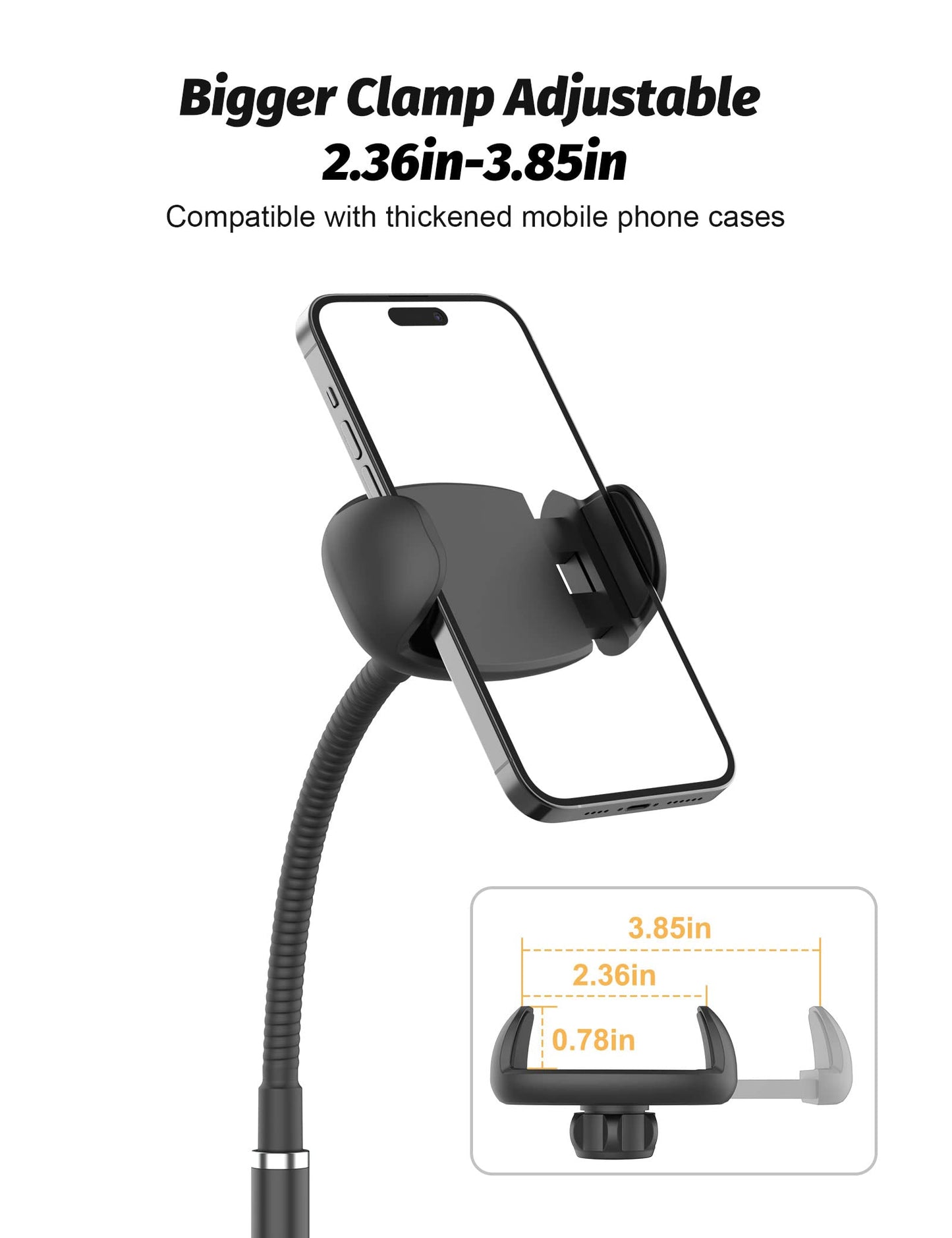 Cell Phone Stand, Adjustable Height & Angle Gooseneck Stand for Desk Flexible Arm Universal Holder, Aluminum Alloy Desktop Recording Compatible with 3.5"-7" Device (Black)