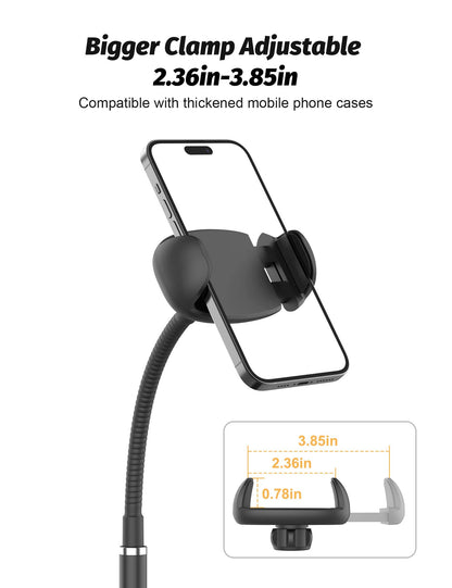 Cell Phone Stand, Adjustable Height & Angle Gooseneck Stand for Desk Flexible Arm Universal Holder, Aluminum Alloy Desktop Recording Compatible with 3.5"-7" Device (Black)